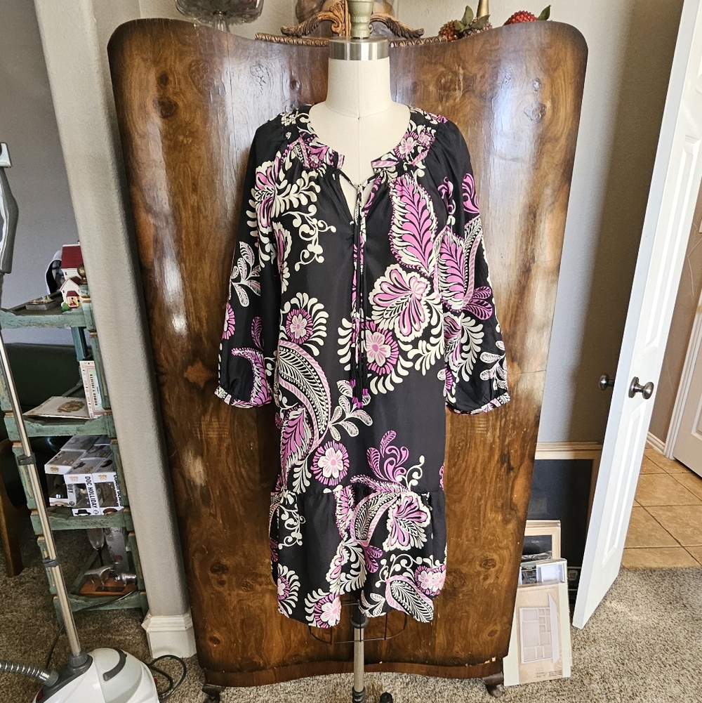 Johnny Was 100% Silk Black and Pink Floral Mini Dress